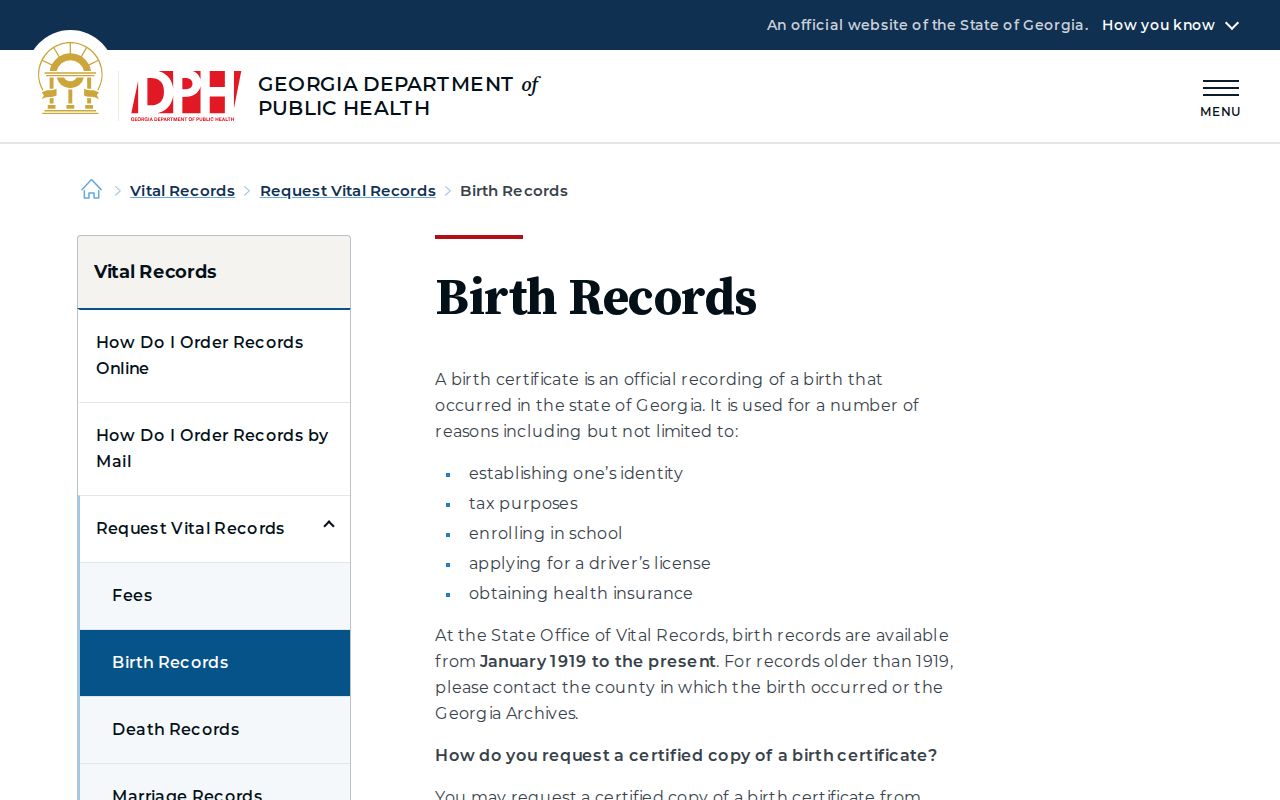 Duluth previous residents Georgia birth record request