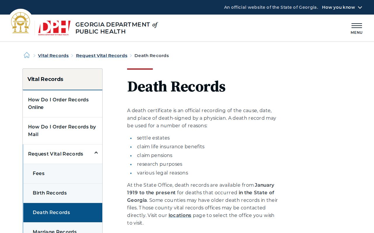 Duluth previous residents Georgia death record access